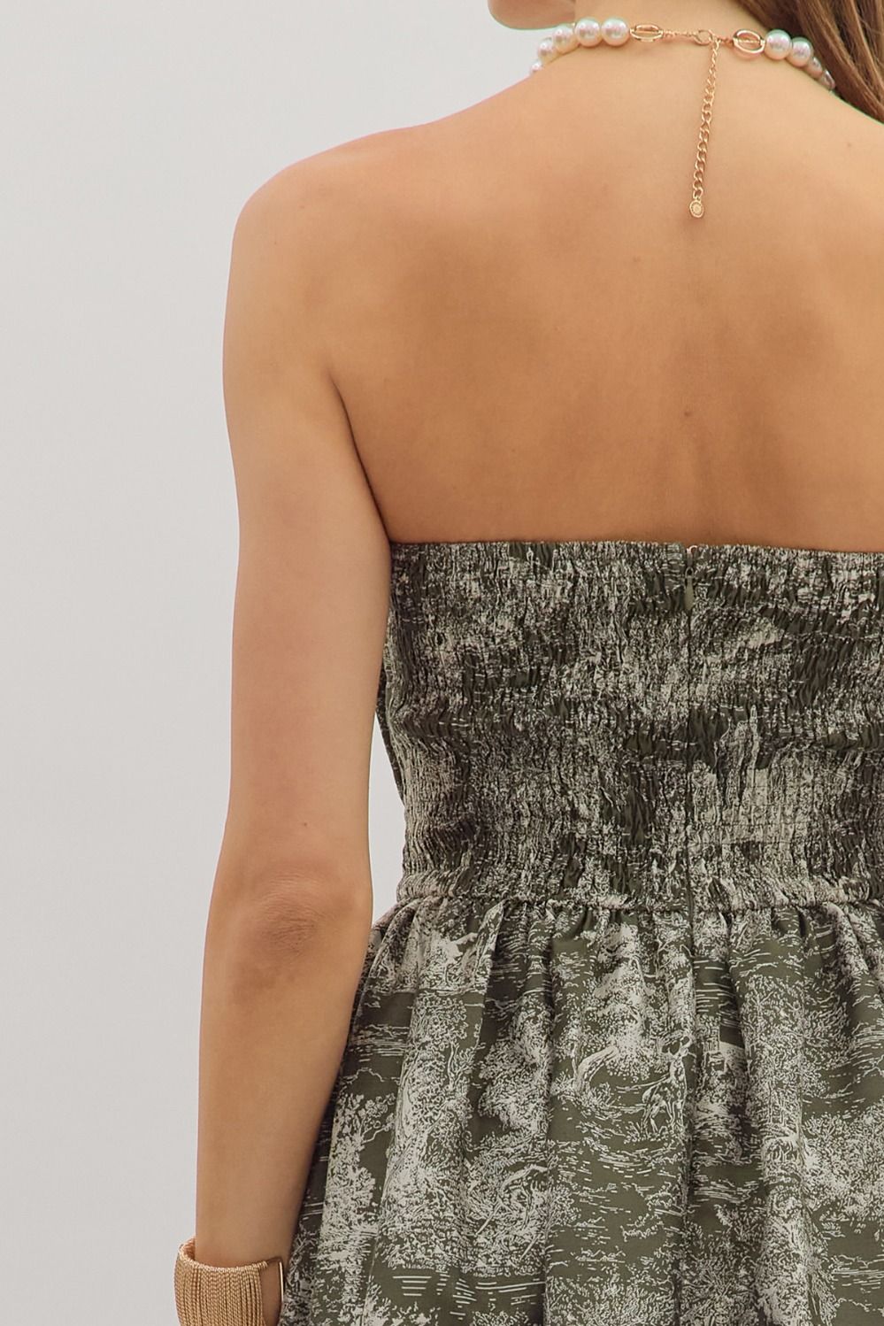 Entro Printed Strapless Midi Dress in Olive-Dresses-entro-Deja Nu Boutique, Women's Fashion Boutique in Lampasas, Texas