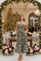 Entro Printed Strapless Midi Dress in Olive-Dresses-entro-Deja Nu Boutique, Women's Fashion Boutique in Lampasas, Texas