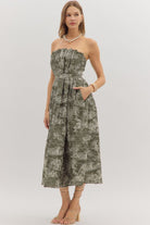 Entro Printed Strapless Midi Dress in Olive-Dresses-entro-Deja Nu Boutique, Women's Fashion Boutique in Lampasas, Texas