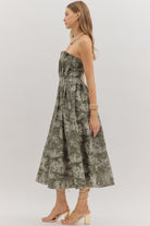 Entro Printed Strapless Midi Dress in Olive-Dresses-entro-Deja Nu Boutique, Women's Fashion Boutique in Lampasas, Texas