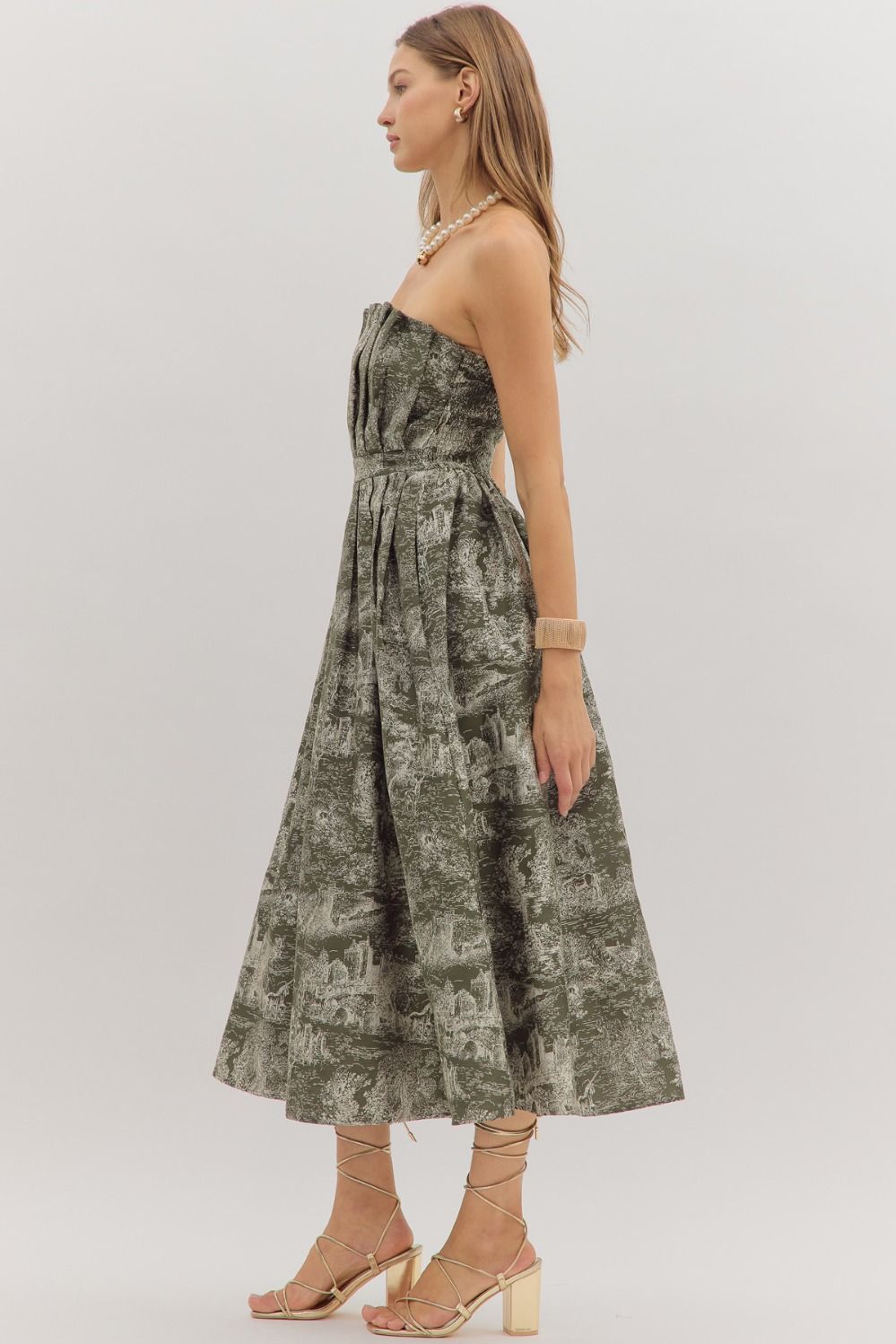 Entro Printed Strapless Midi Dress in Olive-Dresses-entro-Deja Nu Boutique, Women's Fashion Boutique in Lampasas, Texas