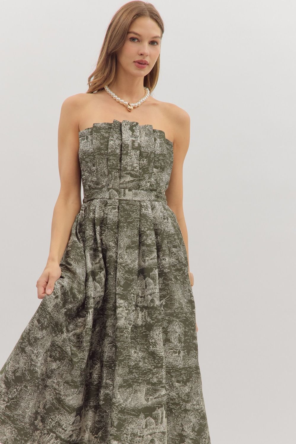 Entro Printed Strapless Midi Dress in Olive-Dresses-entro-Deja Nu Boutique, Women's Fashion Boutique in Lampasas, Texas