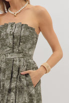 Entro Printed Strapless Midi Dress in Olive-Dresses-entro-Deja Nu Boutique, Women's Fashion Boutique in Lampasas, Texas