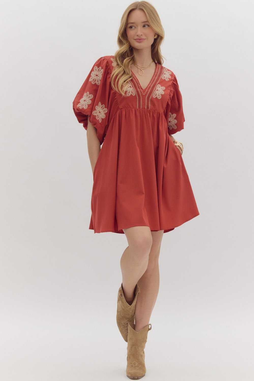 Entro Puff Sleeve Embroidered Baby Doll Mini Dress With Pockets In Rust-Dresses-Entro-Deja Nu Boutique, Women's Fashion Boutique in Lampasas, Texas