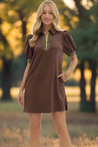 Entro Puff Sleeve Mini Dress with Leopard Trim-Dresses-Entro-Deja Nu Boutique, Women's Fashion Boutique in Lampasas, Texas