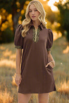 Entro Puff Sleeve Mini Dress with Leopard Trim-Dresses-Entro-Deja Nu Boutique, Women's Fashion Boutique in Lampasas, Texas