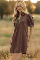 Entro Puff Sleeve Mini Dress with Leopard Trim-Dresses-Entro-Deja Nu Boutique, Women's Fashion Boutique in Lampasas, Texas