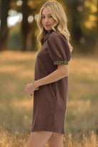 Entro Puff Sleeve Mini Dress with Leopard Trim-Dresses-Entro-Deja Nu Boutique, Women's Fashion Boutique in Lampasas, Texas