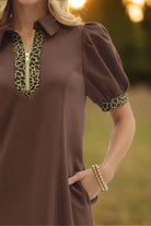 Entro Puff Sleeve Mini Dress with Leopard Trim-Dresses-Entro-Deja Nu Boutique, Women's Fashion Boutique in Lampasas, Texas