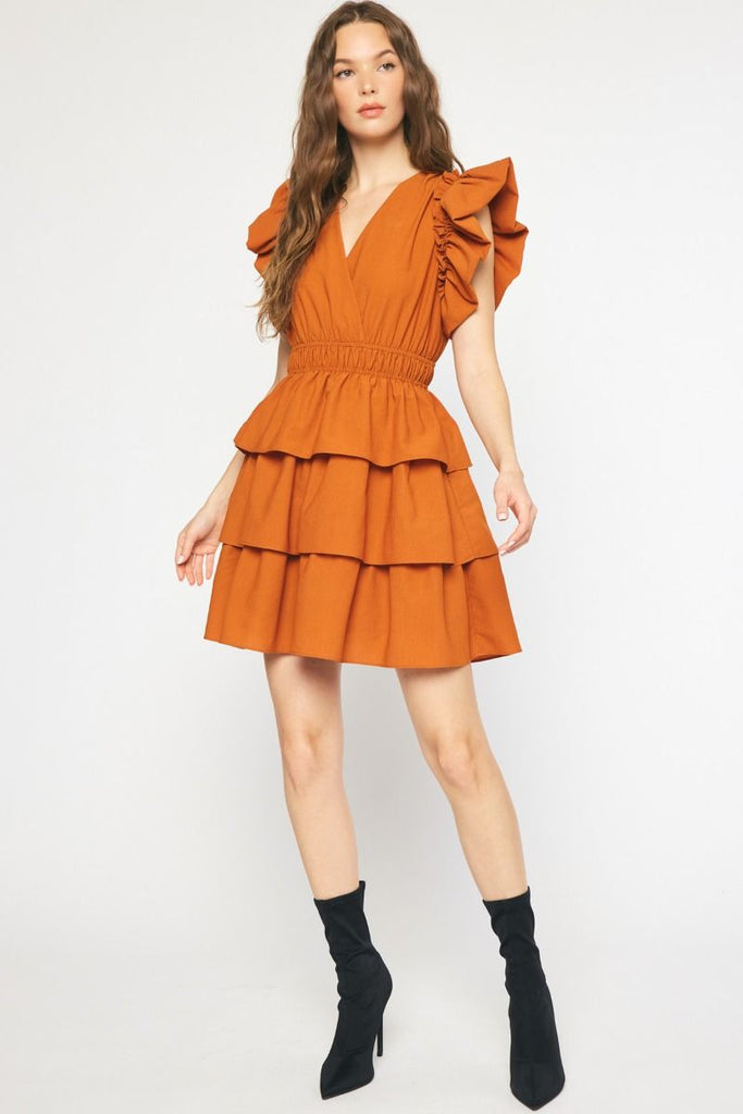 Entro Pumpkin Solid V-Neck Ruffle Sleeve Mini Dress Featuring Ruffle Detail At Skirt-Short Dresses-Entro-Deja Nu Boutique, Women's Fashion Boutique in Lampasas, Texas