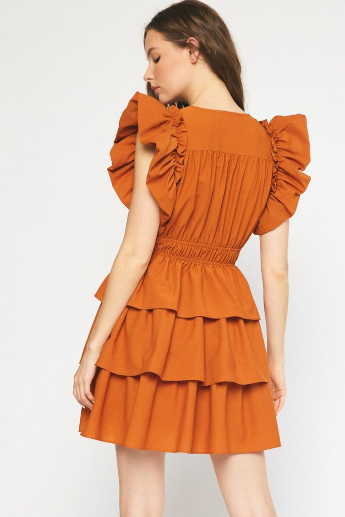 Entro Pumpkin Solid V-Neck Ruffle Sleeve Mini Dress Featuring Ruffle Detail At Skirt-Short Dresses-Entro-Deja Nu Boutique, Women's Fashion Boutique in Lampasas, Texas