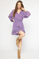 Entro Purple Printed V-Neck Long Sleeve Smocked Dress With Ruffle Skirt-Short Dresses-Entro-Deja Nu Boutique, Women's Fashion Boutique in Lampasas, Texas