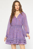 Entro Purple Printed V-Neck Long Sleeve Smocked Dress With Ruffle Skirt-Short Dresses-Entro-Deja Nu Boutique, Women's Fashion Boutique in Lampasas, Texas