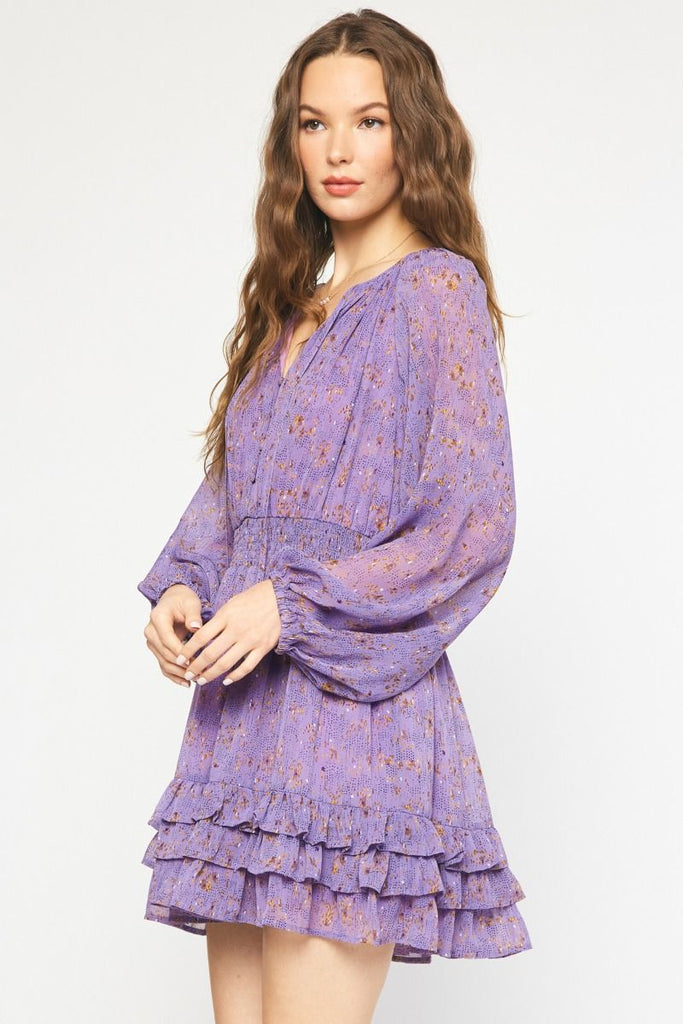 Entro Purple Printed V-Neck Long Sleeve Smocked Dress With Ruffle Skirt-Short Dresses-Entro-Deja Nu Boutique, Women's Fashion Boutique in Lampasas, Texas