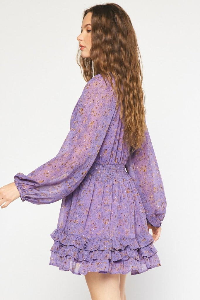 Entro Purple Printed V-Neck Long Sleeve Smocked Dress With Ruffle Skirt-Short Dresses-Entro-Deja Nu Boutique, Women's Fashion Boutique in Lampasas, Texas
