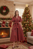 Entro Red Plaid Puff Sleeve Midi Dress with Tie Waist & Pockets-Dresses-Entro-Deja Nu Boutique, Women's Fashion Boutique in Lampasas, Texas