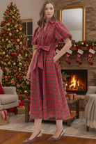 Entro Red Plaid Puff Sleeve Midi Dress with Tie Waist & Pockets-Dresses-Entro-Deja Nu Boutique, Women's Fashion Boutique in Lampasas, Texas