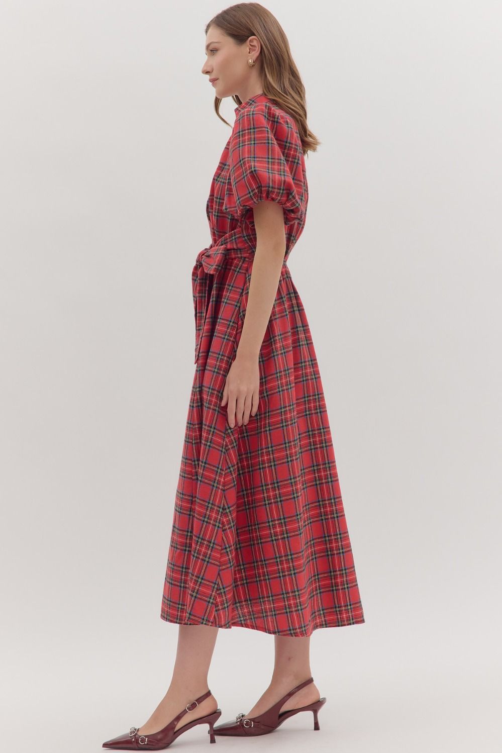 Entro Red Plaid Puff Sleeve Midi Dress with Tie Waist & Pockets-Dresses-Entro-Deja Nu Boutique, Women's Fashion Boutique in Lampasas, Texas