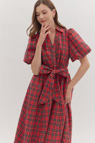 Entro Red Plaid Puff Sleeve Midi Dress with Tie Waist & Pockets-Dresses-Entro-Deja Nu Boutique, Women's Fashion Boutique in Lampasas, Texas
