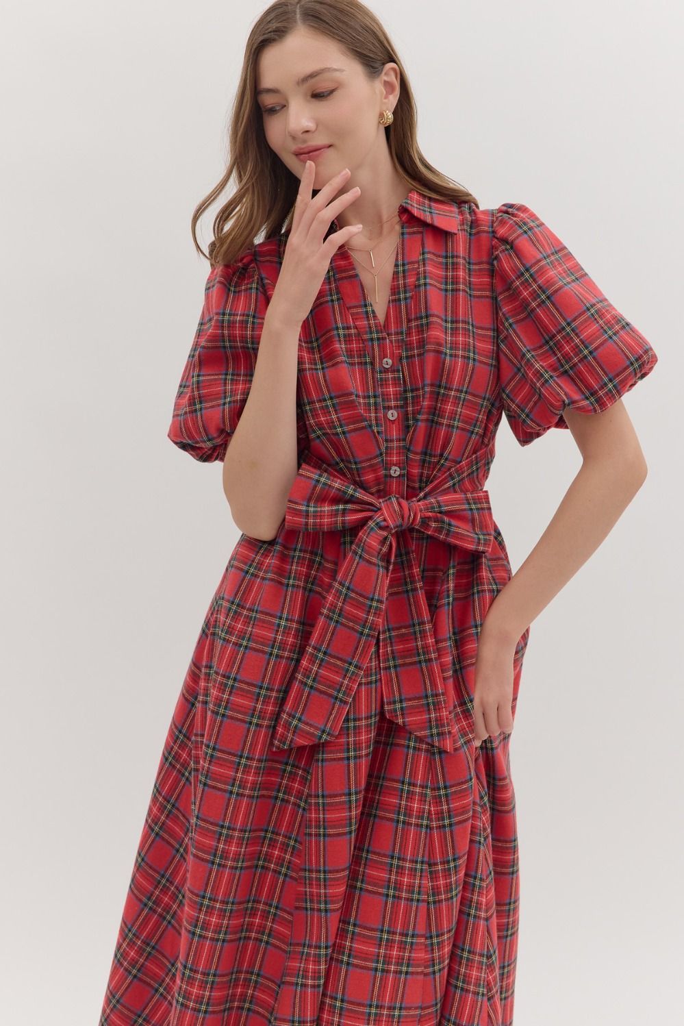 Entro Red Plaid Puff Sleeve Midi Dress with Tie Waist & Pockets-Dresses-Entro-Deja Nu Boutique, Women's Fashion Boutique in Lampasas, Texas