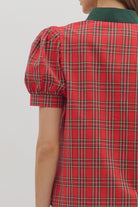 Entro Red Plaid Puff Sleeve Top with Contrast Trim-Tops-entro-Deja Nu Boutique, Women's Fashion Boutique in Lampasas, Texas