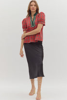 Entro Red Plaid Puff Sleeve Top with Contrast Trim-Tops-entro-Deja Nu Boutique, Women's Fashion Boutique in Lampasas, Texas