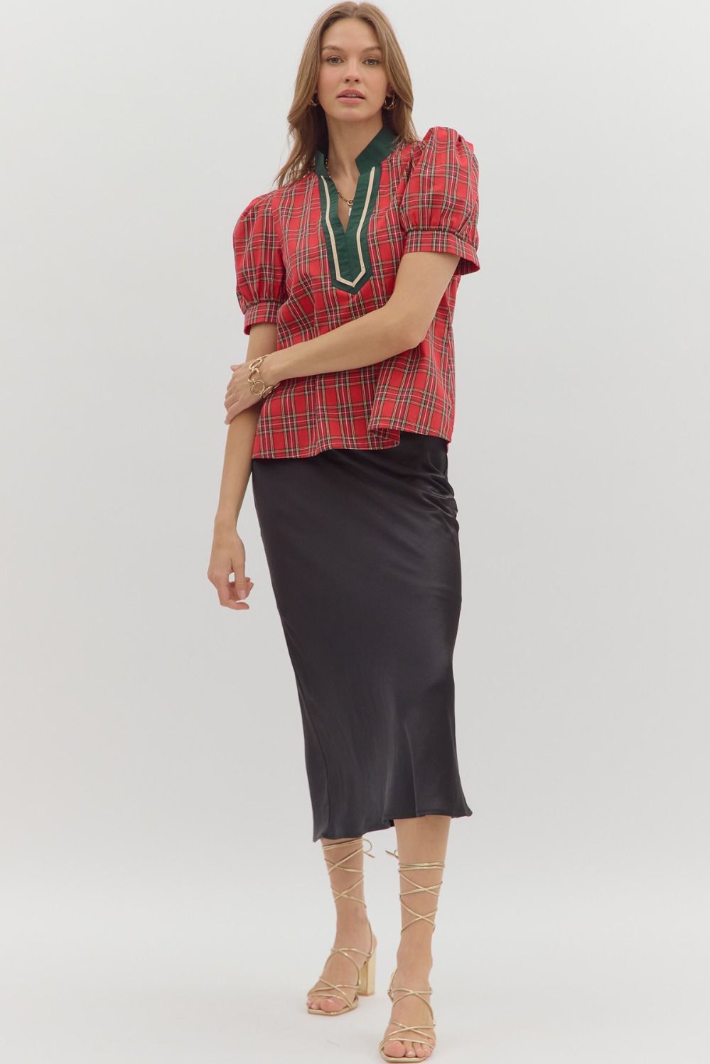 Entro Red Plaid Puff Sleeve Top with Contrast Trim-Tops-entro-Deja Nu Boutique, Women's Fashion Boutique in Lampasas, Texas