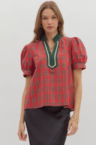Entro Red Plaid Puff Sleeve Top with Contrast Trim-Tops-entro-Deja Nu Boutique, Women's Fashion Boutique in Lampasas, Texas