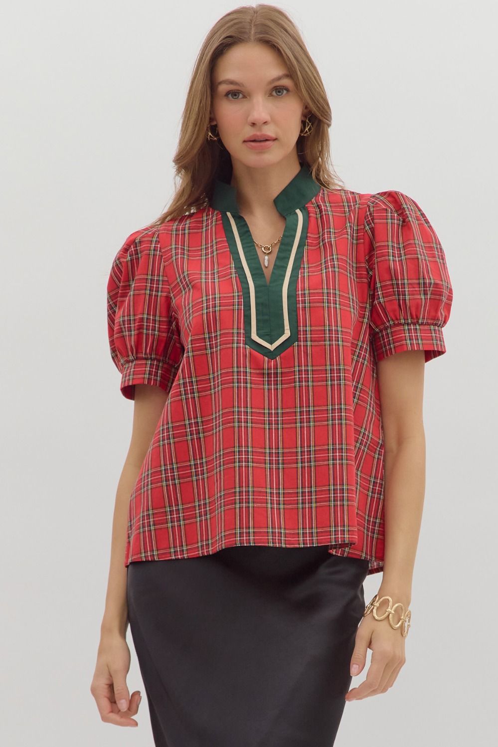 Entro Red Plaid Puff Sleeve Top with Contrast Trim-Tops-entro-Deja Nu Boutique, Women's Fashion Boutique in Lampasas, Texas