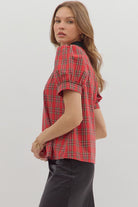 Entro Red Plaid Puff Sleeve Top with Contrast Trim-Tops-entro-Deja Nu Boutique, Women's Fashion Boutique in Lampasas, Texas
