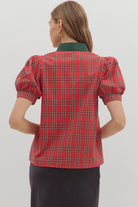 Entro Red Plaid Puff Sleeve Top with Contrast Trim-Tops-entro-Deja Nu Boutique, Women's Fashion Boutique in Lampasas, Texas