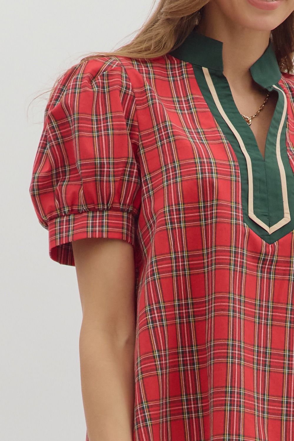 Entro Red Plaid Puff Sleeve Top with Contrast Trim-Tops-entro-Deja Nu Boutique, Women's Fashion Boutique in Lampasas, Texas