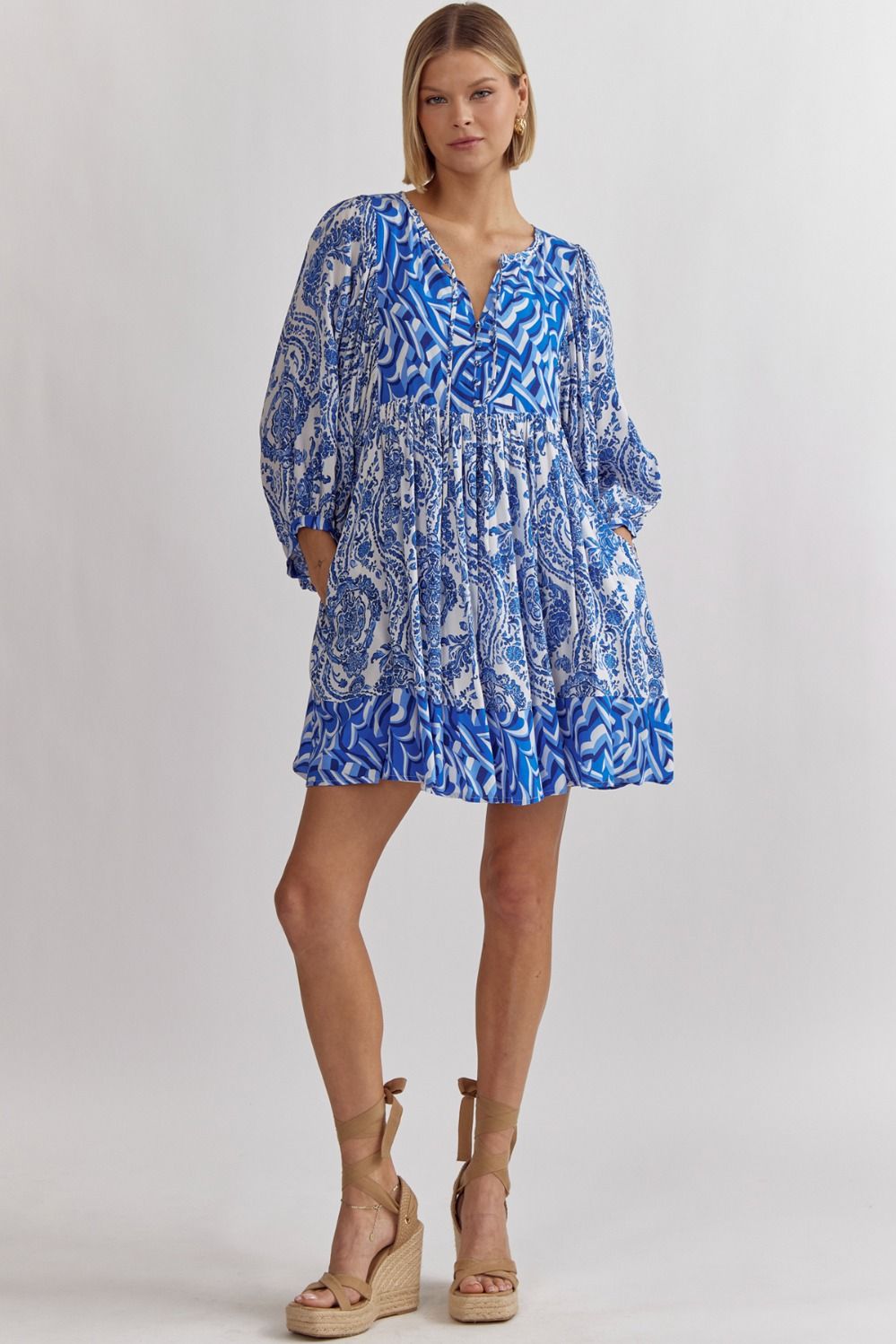 Entro Regal Bliss Royal Blue Paisley Mixed Print Baby Doll Dress-Short Dresses-Entro-Deja Nu Boutique, Women's Fashion Boutique in Lampasas, Texas