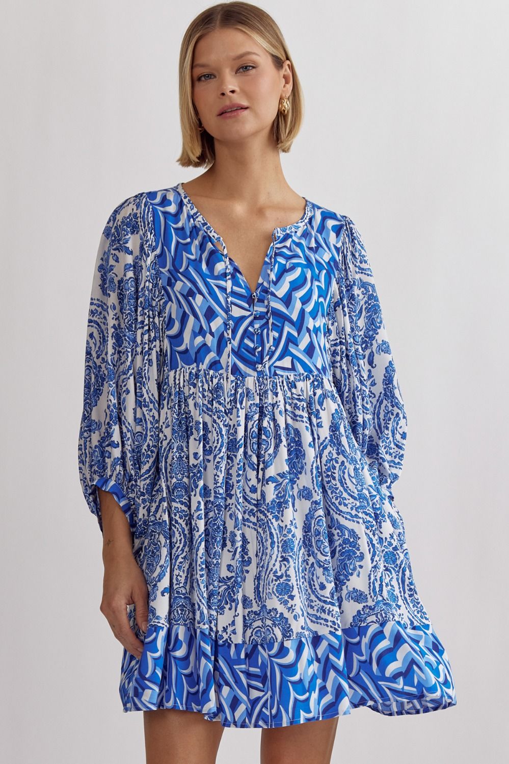 Entro Regal Bliss Royal Blue Paisley Mixed Print Baby Doll Dress-Short Dresses-Entro-Deja Nu Boutique, Women's Fashion Boutique in Lampasas, Texas