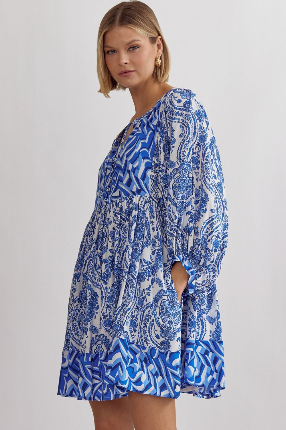 Entro Regal Bliss Royal Blue Paisley Mixed Print Baby Doll Dress-Short Dresses-Entro-Deja Nu Boutique, Women's Fashion Boutique in Lampasas, Texas