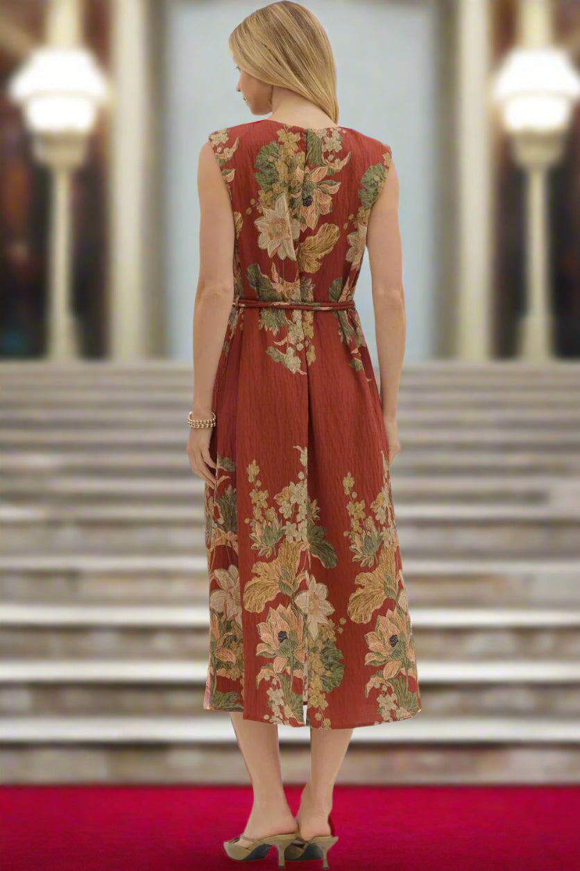 Entro Rust Floral Sleeveless Midi Dress-Dresses-entro-Deja Nu Boutique, Women's Fashion Boutique in Lampasas, Texas