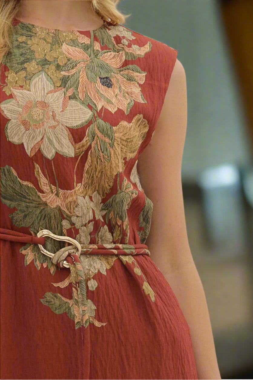 Entro Rust Floral Sleeveless Midi Dress-Dresses-entro-Deja Nu Boutique, Women's Fashion Boutique in Lampasas, Texas