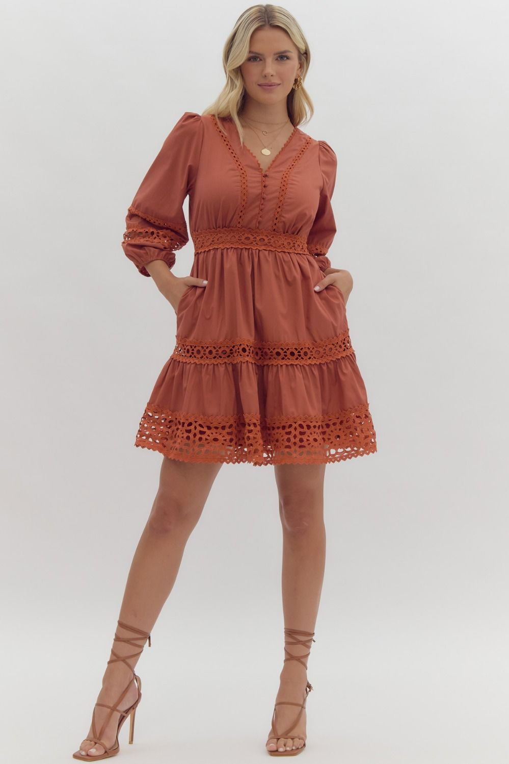 Entro Rust Lace Inset Smocked Waist Short Dress-Dresses-Entro-Deja Nu Boutique, Women's Fashion Boutique in Lampasas, Texas