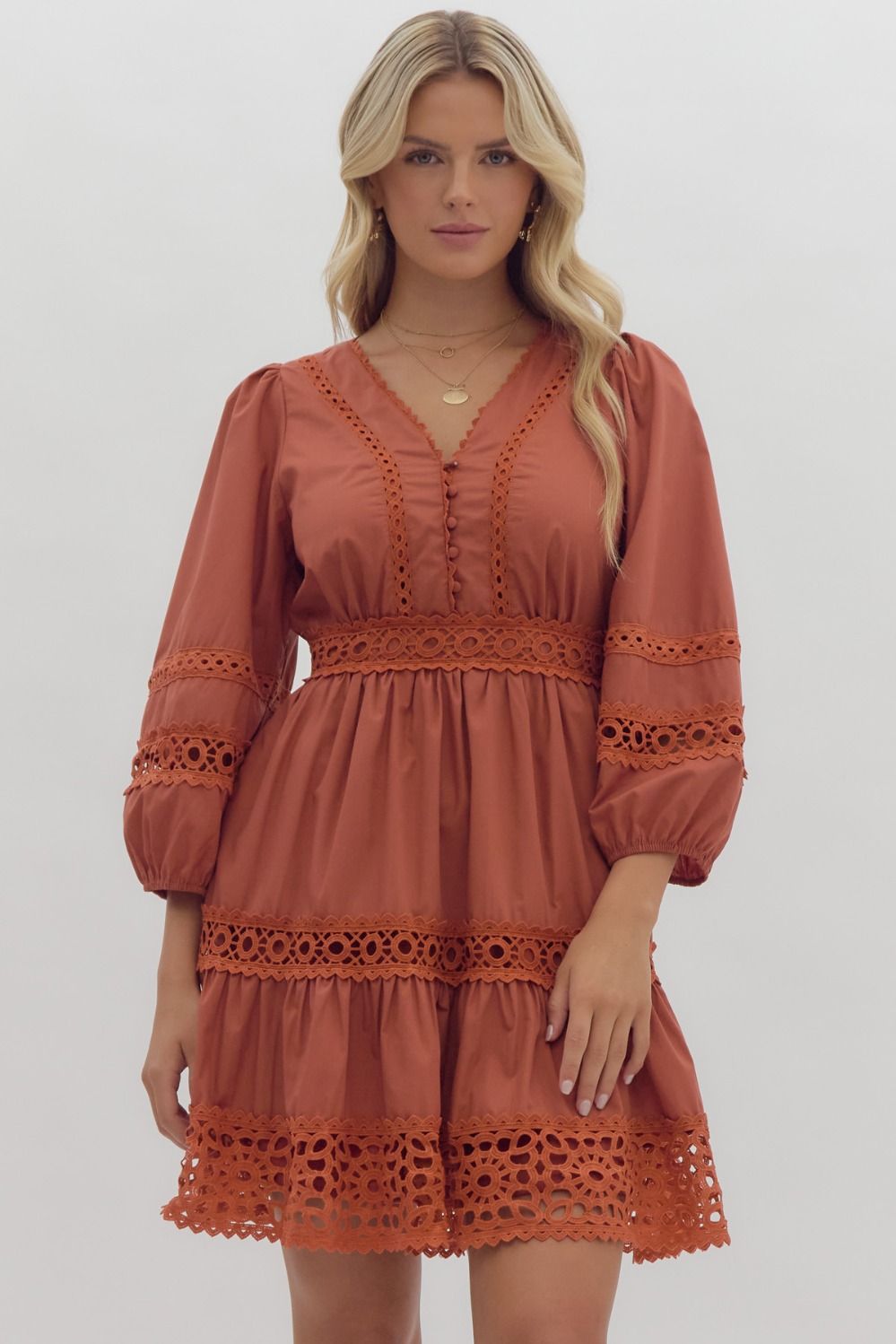 Entro Rust Lace Inset Smocked Waist Short Dress - Small