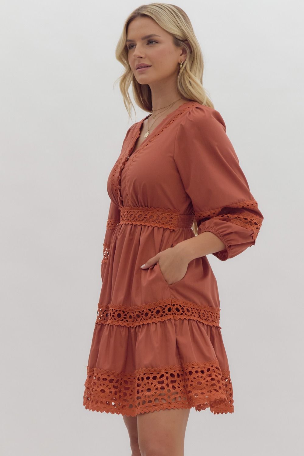 Entro Rust Lace Inset Smocked Waist Short Dress-Dresses-Entro-Deja Nu Boutique, Women's Fashion Boutique in Lampasas, Texas