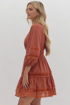 Entro Rust Lace Inset Smocked Waist Short Dress-Dresses-Entro-Deja Nu Boutique, Women's Fashion Boutique in Lampasas, Texas