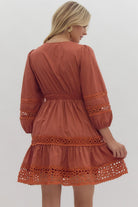 Entro Rust Lace Inset Smocked Waist Short Dress-Dresses-Entro-Deja Nu Boutique, Women's Fashion Boutique in Lampasas, Texas