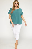 Entro Scoop-Neck Top Featuring Permanent Rolled Sleeve Detail In Forest Plus-Curvy/Plus Basics-Entro-Deja Nu Boutique, Women's Fashion Boutique in Lampasas, Texas