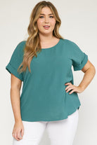 Entro Scoop-Neck Top Featuring Permanent Rolled Sleeve Detail In Forest Plus-Curvy/Plus Basics-Entro-Deja Nu Boutique, Women's Fashion Boutique in Lampasas, Texas