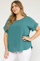 Entro Scoop-Neck Top Featuring Permanent Rolled Sleeve Detail In Forest Plus-Curvy/Plus Basics-Entro-Deja Nu Boutique, Women's Fashion Boutique in Lampasas, Texas