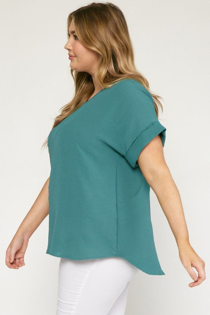 Entro Scoop-Neck Top Featuring Permanent Rolled Sleeve Detail In Forest Plus-Curvy/Plus Basics-Entro-Deja Nu Boutique, Women's Fashion Boutique in Lampasas, Texas