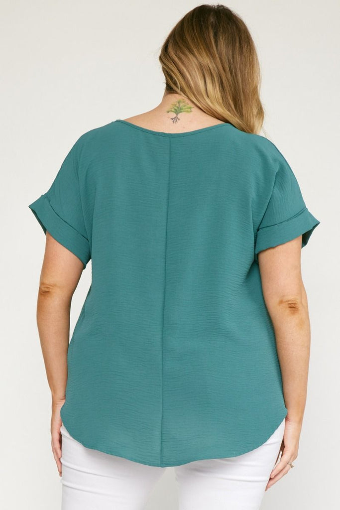 Entro Scoop-Neck Top Featuring Permanent Rolled Sleeve Detail In Forest Plus-Curvy/Plus Basics-Entro-Deja Nu Boutique, Women's Fashion Boutique in Lampasas, Texas