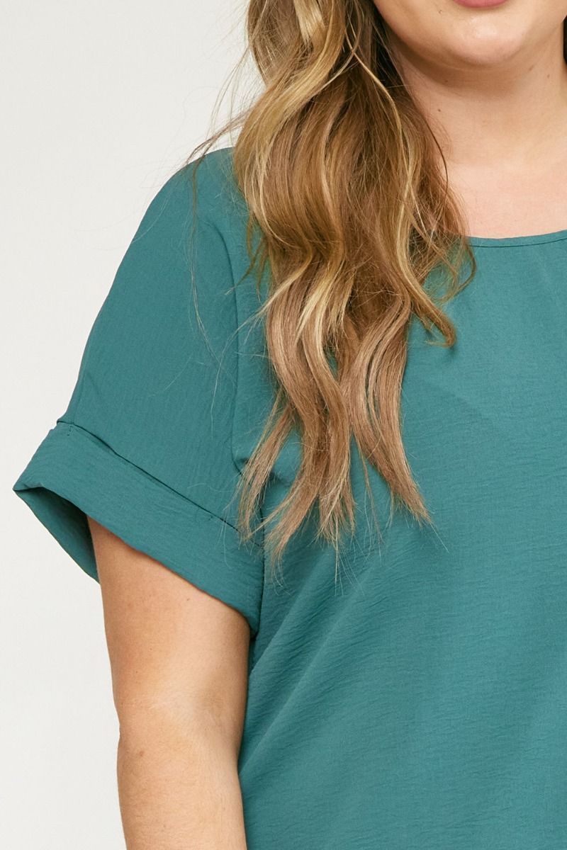 Entro Scoop-Neck Top Featuring Permanent Rolled Sleeve Detail In Forest Plus-Curvy/Plus Basics-Entro-Deja Nu Boutique, Women's Fashion Boutique in Lampasas, Texas