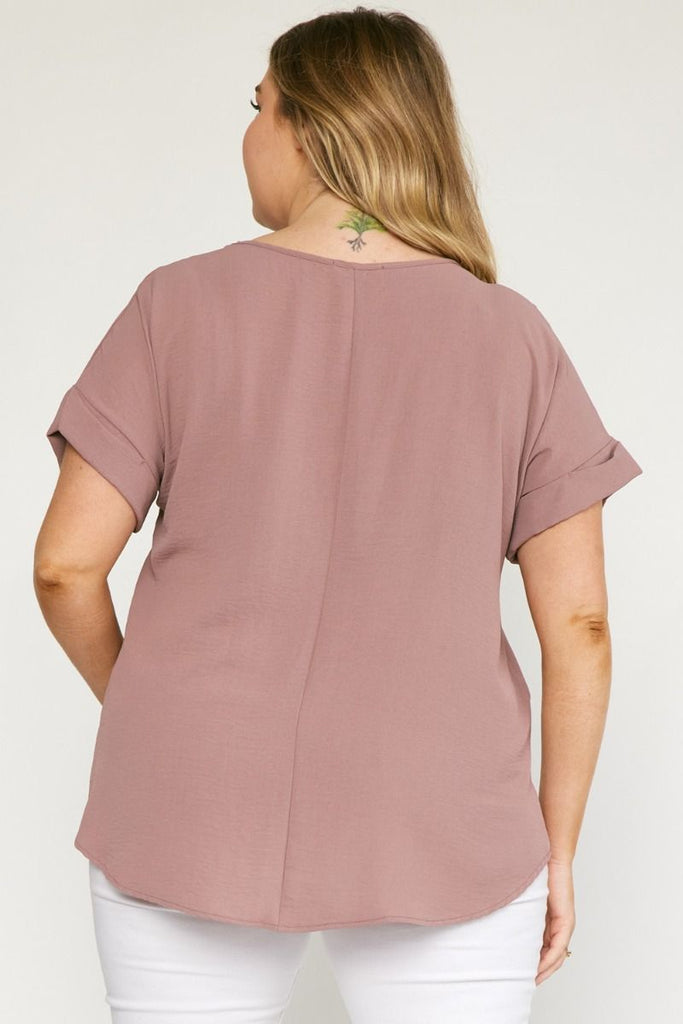 Entro Scoop-Neck Top Featuring Permanent Rolled Sleeve Detail In Mocha Plus.-Curvy/Plus Basics-Entro-Deja Nu Boutique, Women's Fashion Boutique in Lampasas, Texas