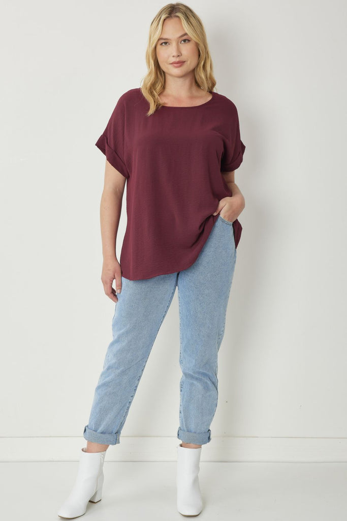 Entro Scoop Neck Blouse With Permanent Rolled Sleeves In Burgundy Plus-Curvy/Plus Blouses-Entro-Deja Nu Boutique, Women's Fashion Boutique in Lampasas, Texas